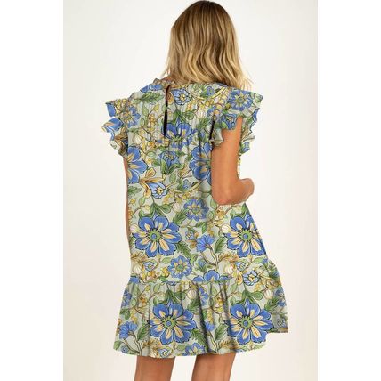 Spinach Green Botanical Floral Print Pleated Ruffle Detail Short Dress