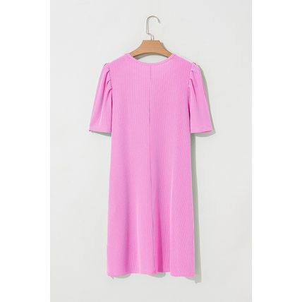 Bright Pink Flag Pattern Inspired Sequin Bow Spiral Ribbed Puff Sleeve T Shirt D