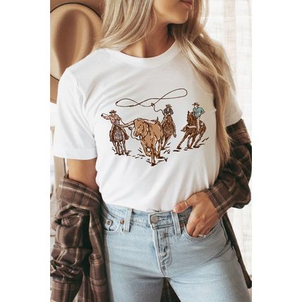 White Retro Cowboy Roping Cotton Blend Graphic Tee