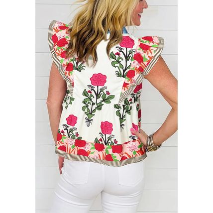 Pink Floral Print Tie Neck Striped Detail Flutter Sleeve Blouse