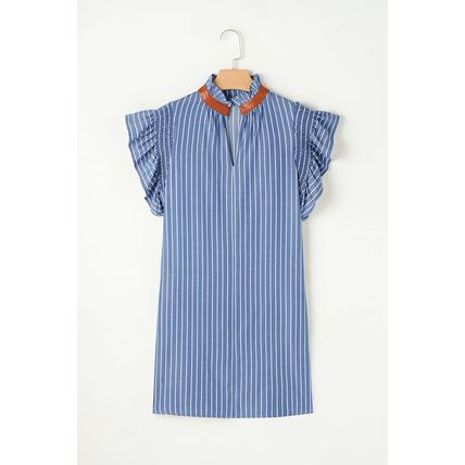 Sky Blue Stripe Frilly Split Neck Shirred Ruffle Sleeve Short Shift Dress