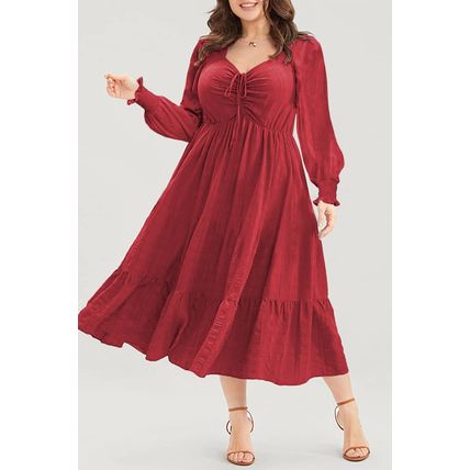 Fiery Red Lace-up Ruched Front Long Sleeve Ruffle Hem Plus Size Midi Dress
