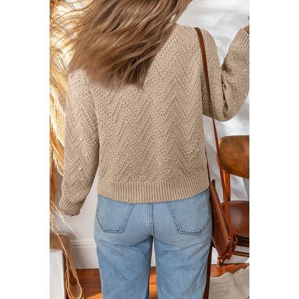 Smoke Gray Pearl Embellished Button Front V Neck Sweater Cardigan