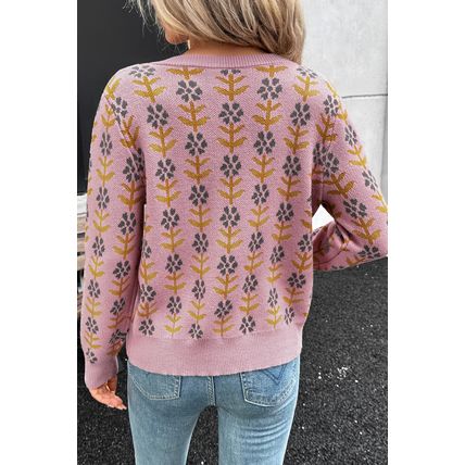 Pink Floral Button Down Ribbed Banded Cardigan Sweater
