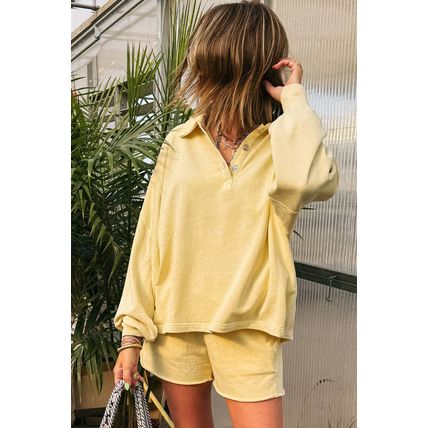 Yellow Cream Button Collar Drop Shoulder Pullover and Shorts 2pcs Outfit