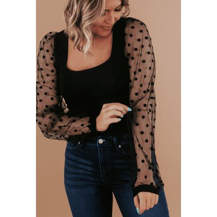 Black Polka Dot Mesh Puff Sleeve Patchwork Ribbed Square Neck Slim Top