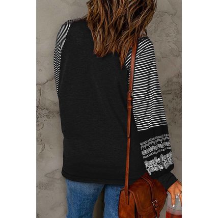 Black Contrast Print Striped Raglan Long Sleeve Loose Top