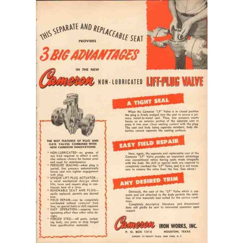 cameron iron works 1950 non-lubricated lift-plug valve oil vintage ad