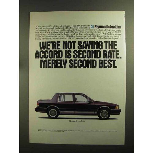 1991 Plymouth Acclaim Ad - Accord Merely Second Best