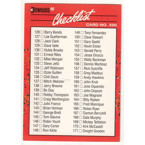 1990 Donruss Baseball Checklist unmarked card #200