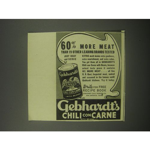 1940 Gebhardt's Chili Con Carne Ad - 60% more meat