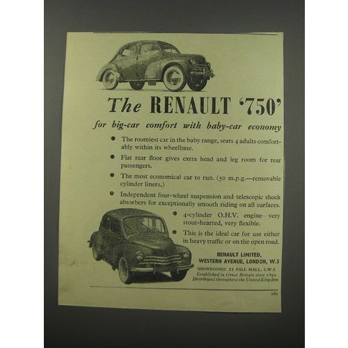 1954 Renault 750 Car Ad - The Renault 750 for big-car comfort
