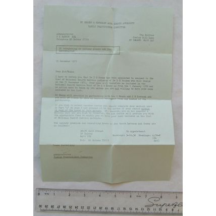 1977 letter St. Helens & Knowsley Area Health Authority re change of Doctor