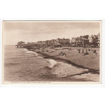 Bandstand and Beach from the Pier Worthing Postcard West Sussex W47