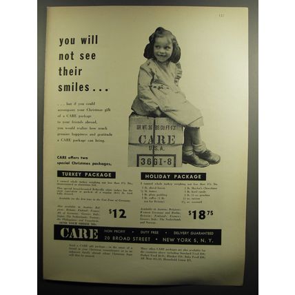 1952 CARE Turkey Package and Holiday Package Ad - You will not see their smiles