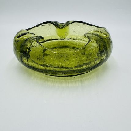 Viking Art Glass Cigar Ashtray Green Crackle MCM Vintage 7in