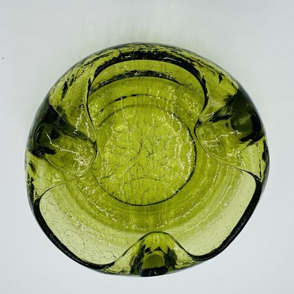 Viking Art Glass Cigar Ashtray Green Crackle MCM Vintage 7in