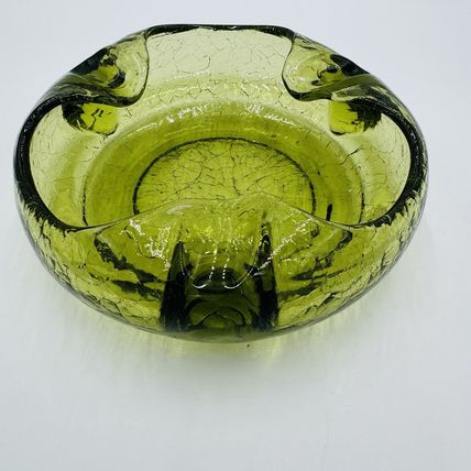 Viking Art Glass Cigar Ashtray Green Crackle MCM Vintage 7in