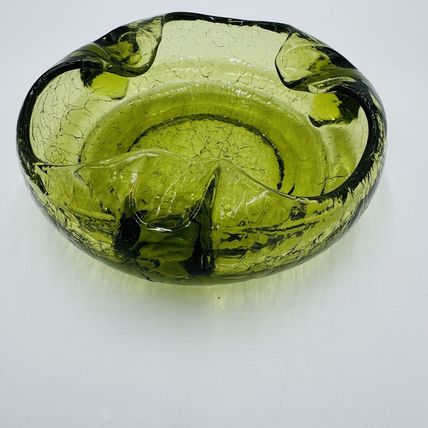 Viking Art Glass Cigar Ashtray Green Crackle MCM Vintage 7in