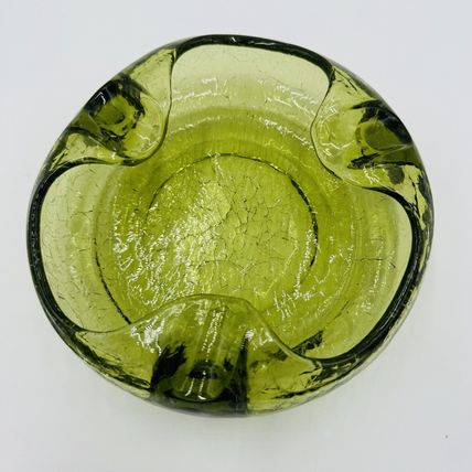 Viking Art Glass Cigar Ashtray Green Crackle MCM Vintage 7in