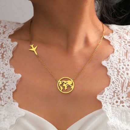 World Map & Airplane Pendant Necklace 45 CM Stainless Steel Travel Jewelry