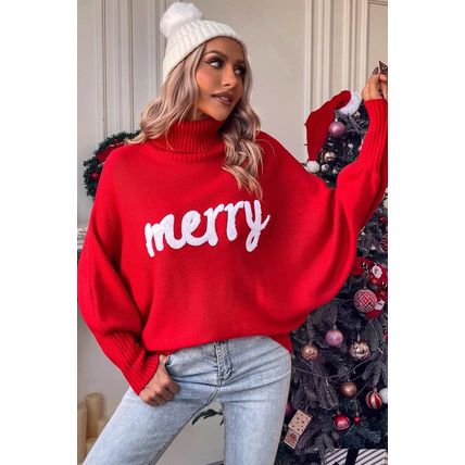 Red Merry Letter Embroidered High Neck Sweater