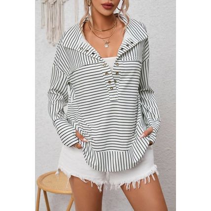 White Striped Thumbhole Drop Shoulder V Neck Top