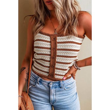 Chestnut Striped Buttoned Cropped Knitted Vest