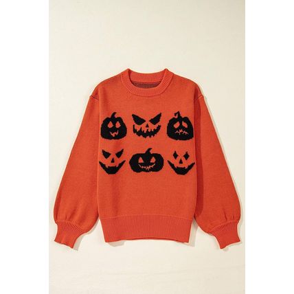 Orange Halloween Pumpkin Face Pattern Drop Shoulder Sweater