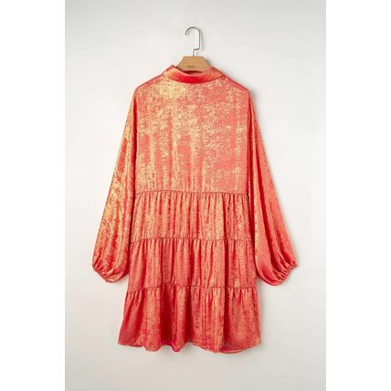 Peach Blossom Metallic Balloon Sleeve Shirt Plus Size Mini Dress