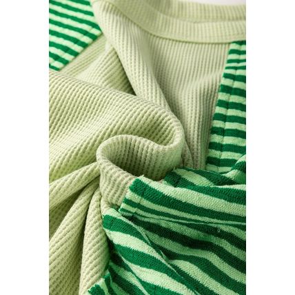 Mint Green Striped Patchwork Textured Colorblock 3/4 Sleeve Knit Top