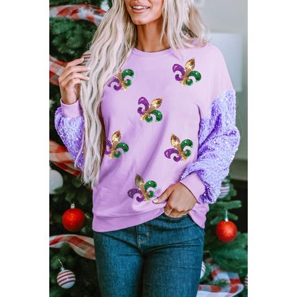 Orchid Petal Sequin Patchwork Long Sleeve Fleur de Lis Patched Pattern Top