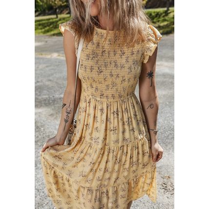Yellow Boho Floral Print Ruffle Smocked Flowy Summer Dress