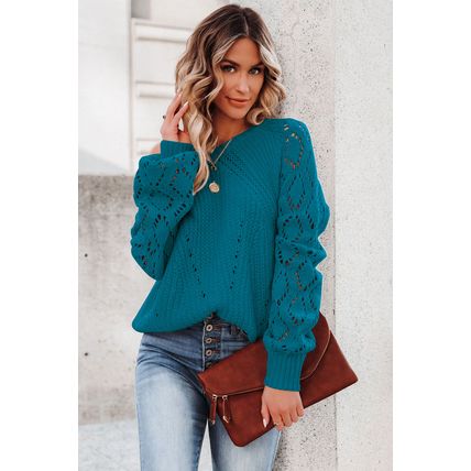 Blue-3 Hollow-out Puffy Sleeve Knit Sweater