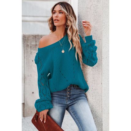Blue-3 Hollow-out Puffy Sleeve Knit Sweater