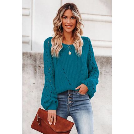 Blue-3 Hollow-out Puffy Sleeve Knit Sweater