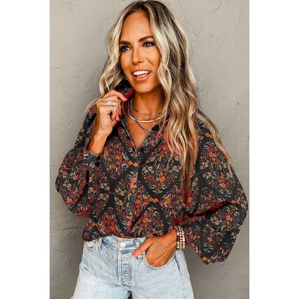 Black Strawberry Aesthetic Floral Puff Sleeve Shirt