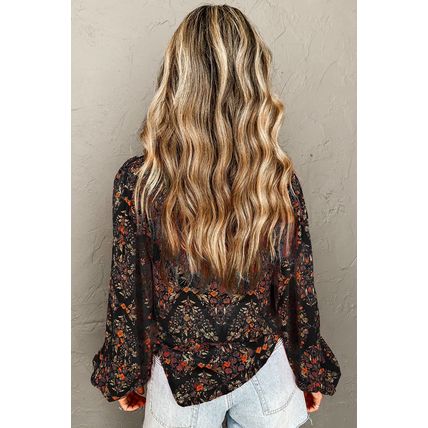 Black Strawberry Aesthetic Floral Puff Sleeve Shirt