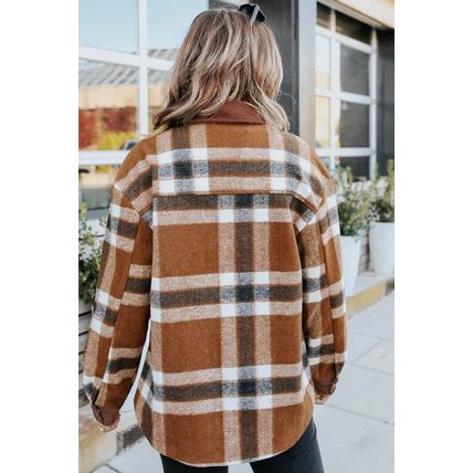 Brown Pocketed Buttoned Plaid Shirt Jacket