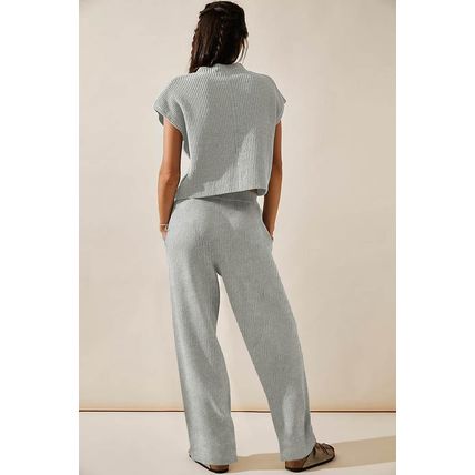 Gray Knitted V Neck Sweater and Casual Pants Set