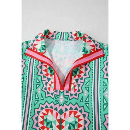 Mint Green Geometric Butterfly Print Split Neck Short Sleeve Dress