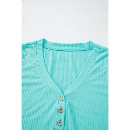 Mint Green Ribbed Button V Neck Tank Top and Shorts Set