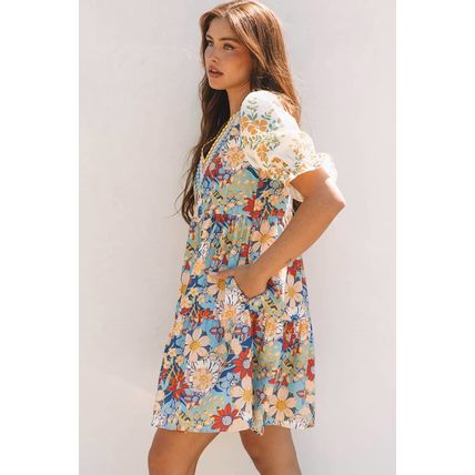 Multicolour Boho Floral Print Crochet Patchwork V Neck Loose Mini Dress