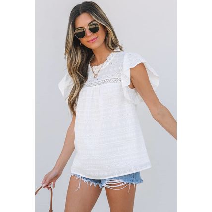 White Lace Neckline Flutter Sleeve Eyelets Blouse