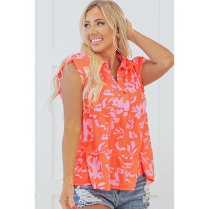 Orange Floral Print Collared Button Neckline Flutter Sleeve Blouse