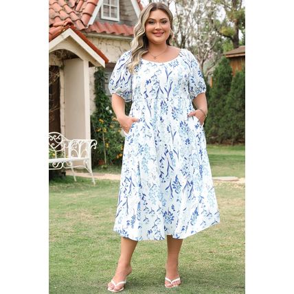 Sky Blue Floral Print Sweetheart Neck Plus Size Midi Dress