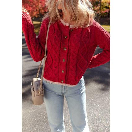 Racing Red Color Contrast Edge Cable Knit Buttoned Cardigan