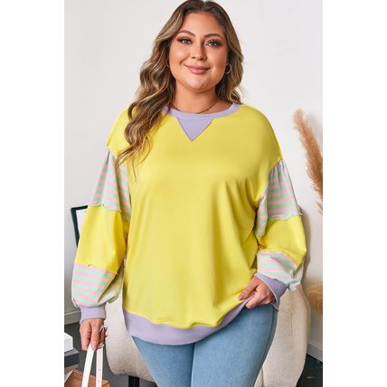 Yellow Striped Color Block Patchwork Crewneck Plus Size Pullover Sweatshirt