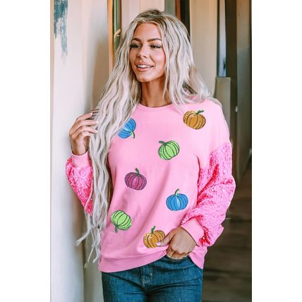 Pink Sequin Sleeve Pumpkin Pattern Thanksgiving Halloween Patchwork Pullover Top