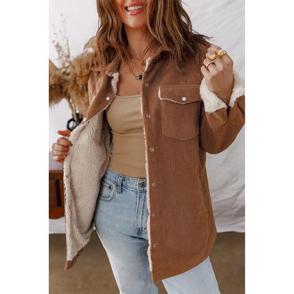 Cinnamon Fleece Lined Buttoned Flap Pockets Corduroy Jacket